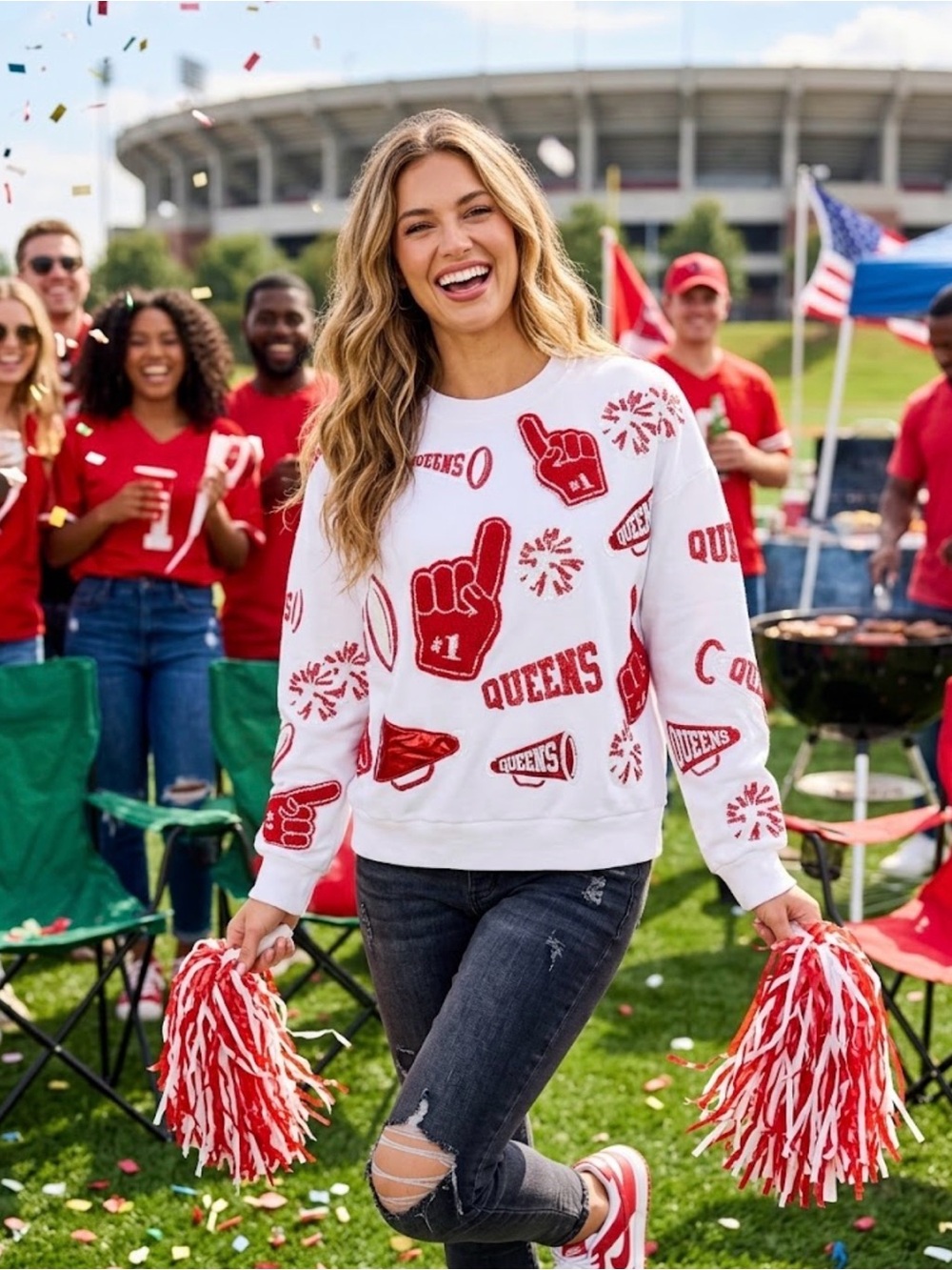 QUEEN OF SPARKLES White and Red Cheer Icon Sweatshirt